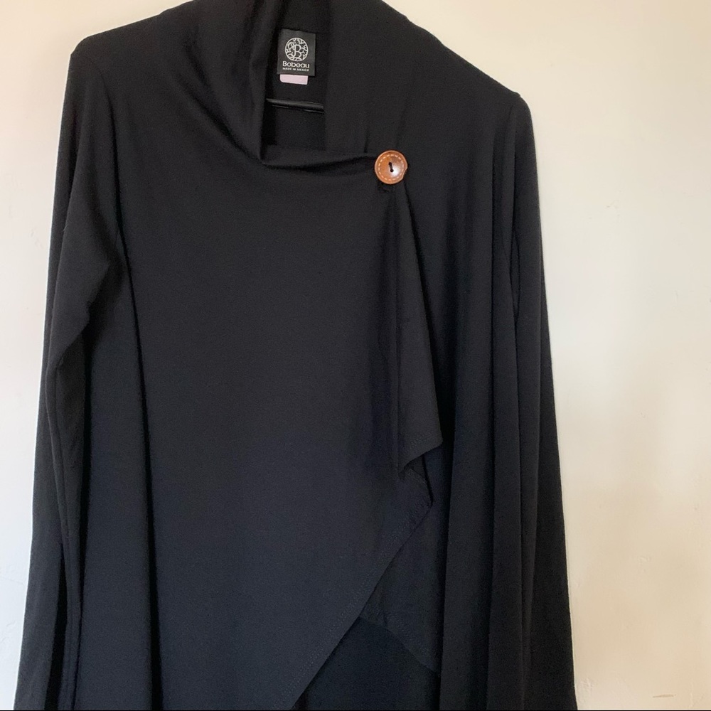 Bobeau Black Wrap Sweater with Button Detail